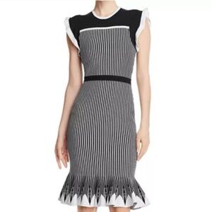 Shoshanna Sinead Knit Fluted Hem Dress Black White Size Small